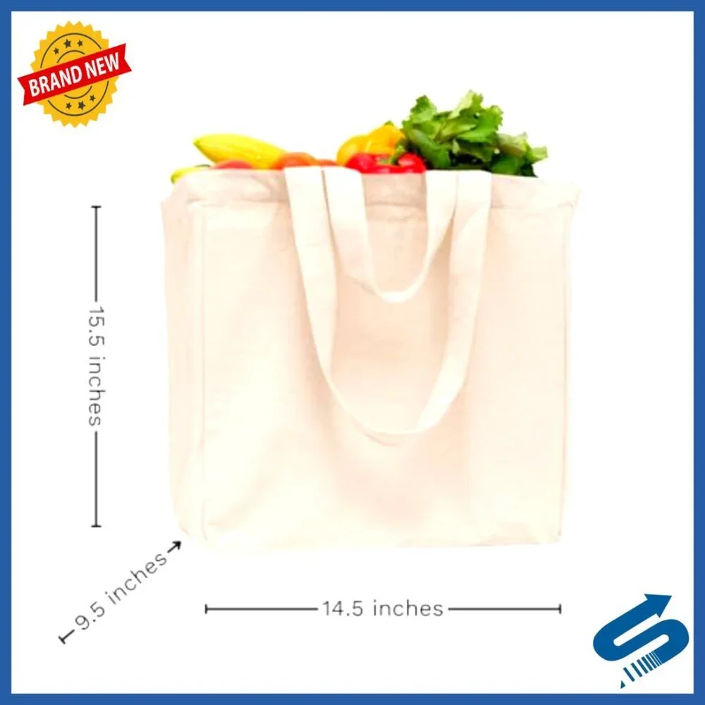 Reusable Canvas Grocery Tote Bags Heavy Duty Washable Foldable 3 Pack